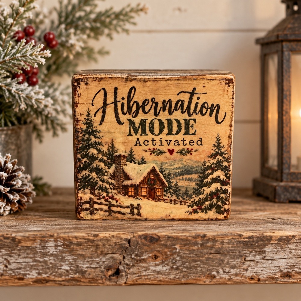 Handmade Hibernation Mode Activated Rustic Wood Block Sign Winter Cabin Decor